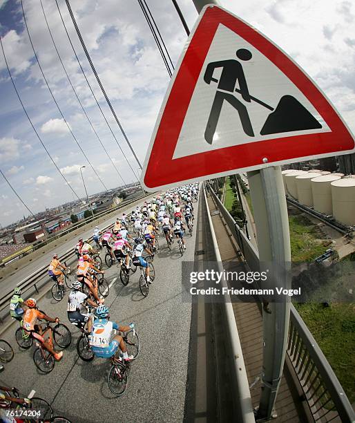 The pack rides over the Koehlbrandbruecke during the Vattenfall Cyclassics on August 19, 2007 in Hamburg, Germany.