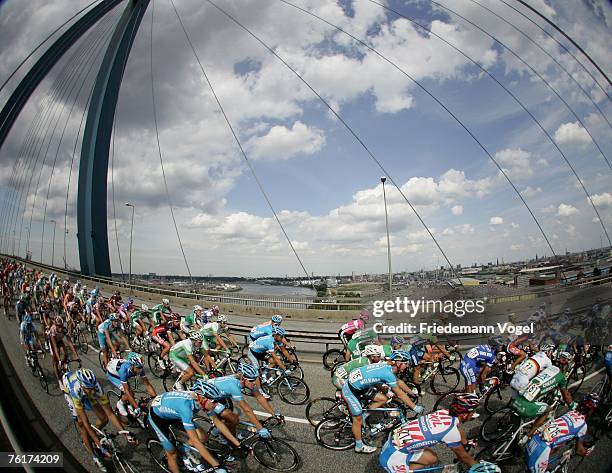 The pack rides over the Koehlbrandbruecke during the Vattenfall Cyclassics on August 19, 2007 in Hamburg, Germany.