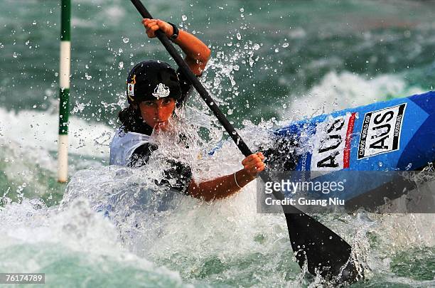 Katrina Lawrence of Australia competes in the women's Kayak Slalom Racing during day four of the Good Luck Beijing 2007 Canoe/Kayak Slalom Open, the...