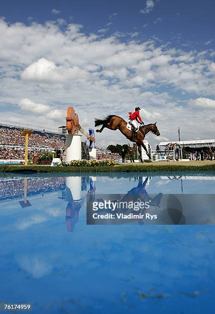 Meredith Michaels-Beerbaum of Germany competes on Shutterfly during the FEI European Jumping Championship at the MVV Reitstadion on August 19, 2007...