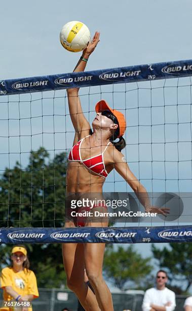 Rachel Wacholder hits a spike during semi-final action at the AVP Bob's Store Boston Open at Marina Bay August 19, 2007 in Quincy, Massachusetts....