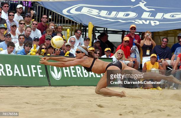 Misty May-Treanor makes a diving dig August 19, 2007 at the AVP Bob's Store Boston Open at Marina Bay in Quincy, Massachusetts. Kerri Walsh and Misty...