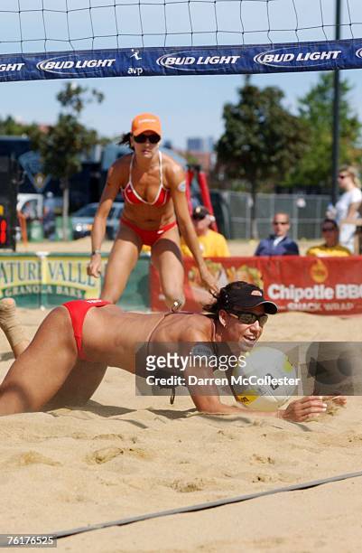 Tyra Turner misses a dig during semi-final action at the AVP Bob's Store Boston Open at Marina Bay August 19, 2007 in Quincy, Massachusetts. Trya...