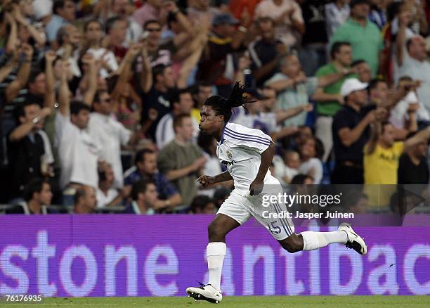 Royston Drenthe of Real Madrid celebrates his goal during the Spanish Super Cup, second leg match between Real Madrid and Sevilla at the Santiago...