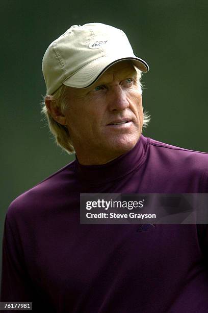 Greg Norman sizes up the green on the 10th during the third round of the 2005 U.S. Senior Open Championship at NCR Country Club in Kettering, Ohio...