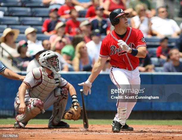 Mark Teixeira of the Atlanta Braves hits the first of two home runs against the Arizona Diamondbacks at Turner Field August 19, 2007 in Atlanta,...
