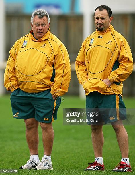 Wallabies coach John Connolly talks to assistant coach Michael Foley during an Australian Wallabies training session at Coogee Oval on August 20,...