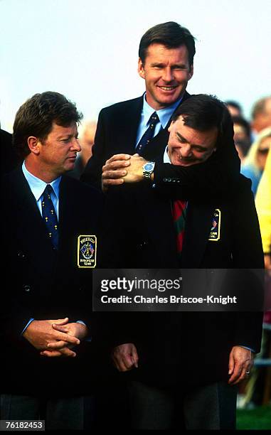 Ian Woosnam and Nick Faldo, the next two Ryder Cup captains for Europe have fun with Ken Schofield.