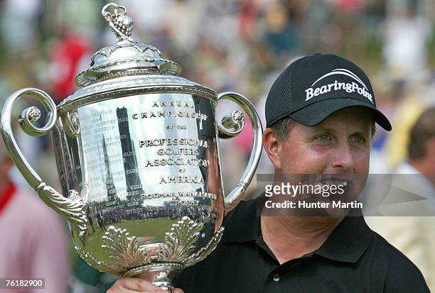 Phil Mickelson with the Wanamaker Trophy after winning the 2005 PGA Championship, Baltusrol Golf Club, Springfield, New Jersey on Monday, August 15,...