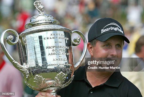 Phil Mickelson with the Wanamaker Trophy after winning the 2005 PGA Championship, Baltusrol Golf Club, Springfield, New Jersey on Monday, August 15,...