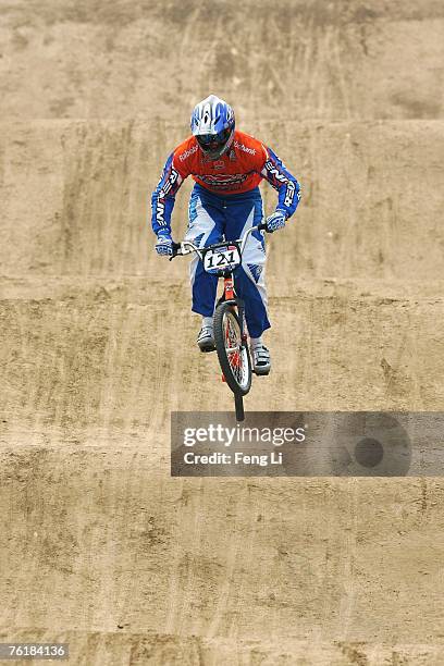 Raymon Biezen of New Zealand clears a jump during qualifying for the UCI BMX Supercross race at the Olympic BMX course on August 20, 2007 in Beijing,...