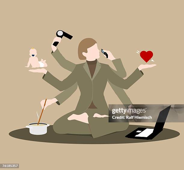 ilustraciones, imágenes clip art, dibujos animados e iconos de stock de a woman multi-tasking - multitareas