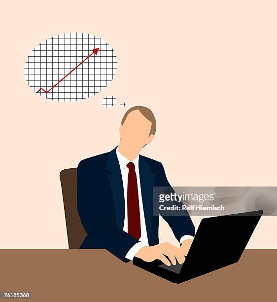 ilustraciones, imágenes clip art, dibujos animados e iconos de stock de a businessman working at a desk and thinking of a line graph - one man only stock illustrations