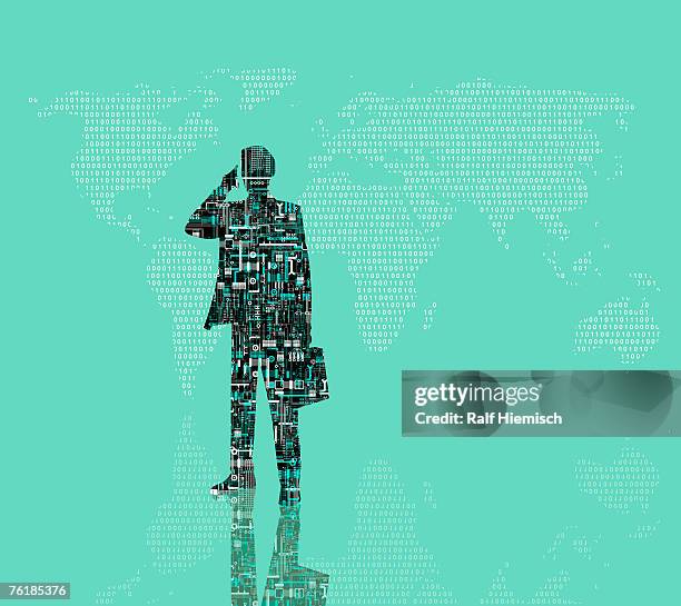 ilustraciones, imágenes clip art, dibujos animados e iconos de stock de a businessman with a mobile phone and a briefcase standing in front of a world map - bag of chips