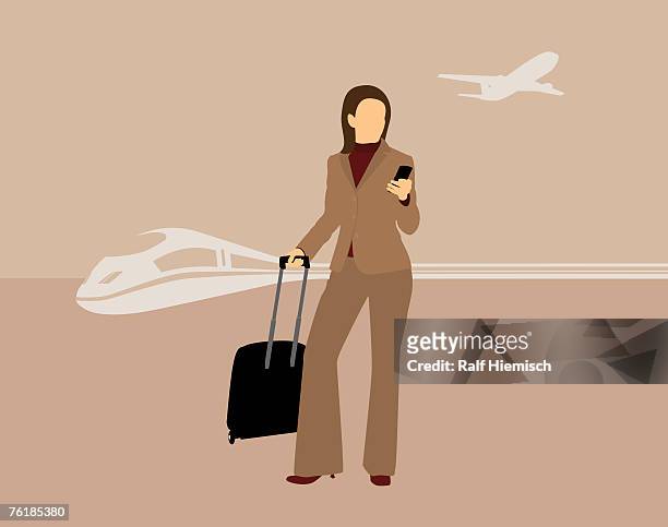 A businesswoman with a mobile phone and a suitcase standing in front of a train and an airplane