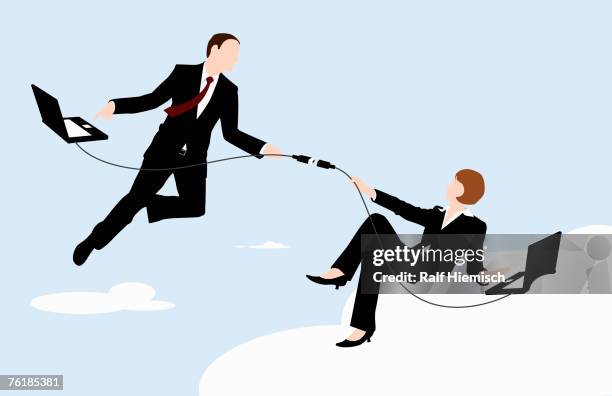 a businessman and businesswoman connected by their laptops while floating in the sky - büroaffäre stock-grafiken, -clipart, -cartoons und -symbole
