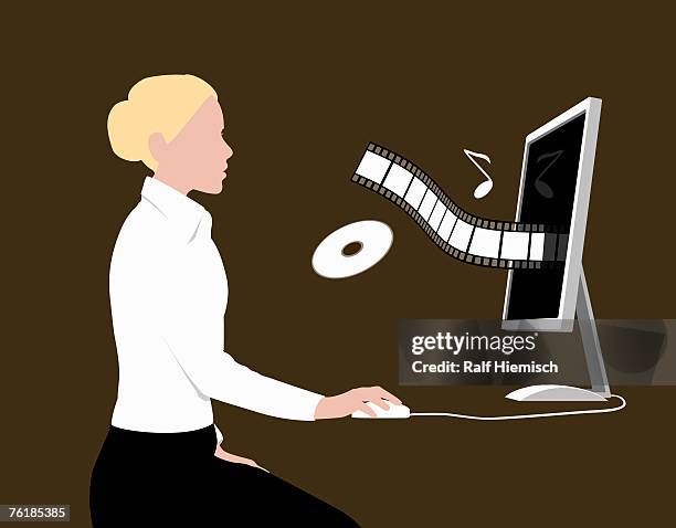 a woman playing music while sitting at a desktop computer - updo stock illustrations