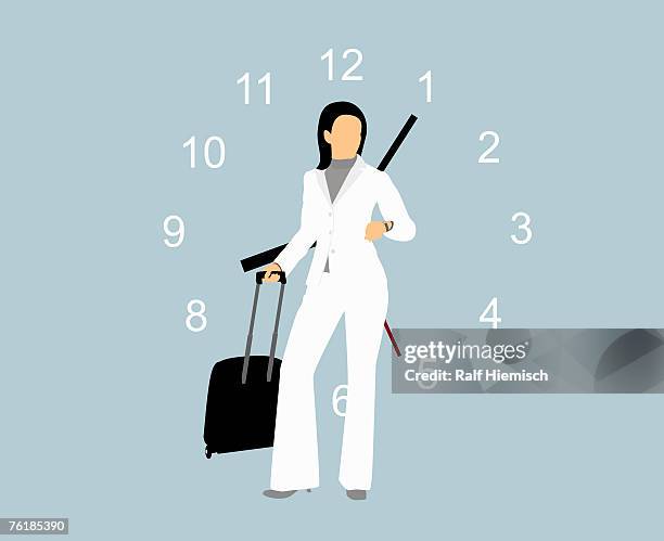 a businesswoman standing with a suitcase in front of a clock - valise stock illustrations