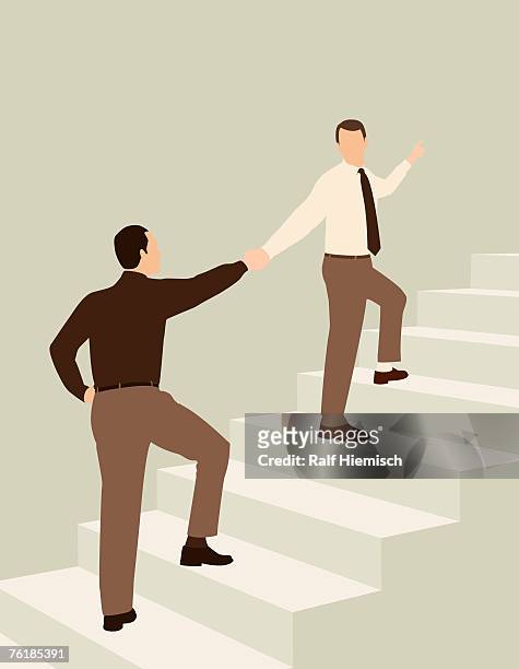 two businessmen shaking hands while standing on steps - karriereleiter stock-grafiken, -clipart, -cartoons und -symbole