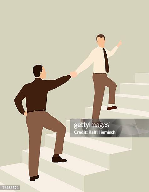 stockillustraties, clipart, cartoons en iconen met two businessmen shaking hands while standing on steps - carrièreladder