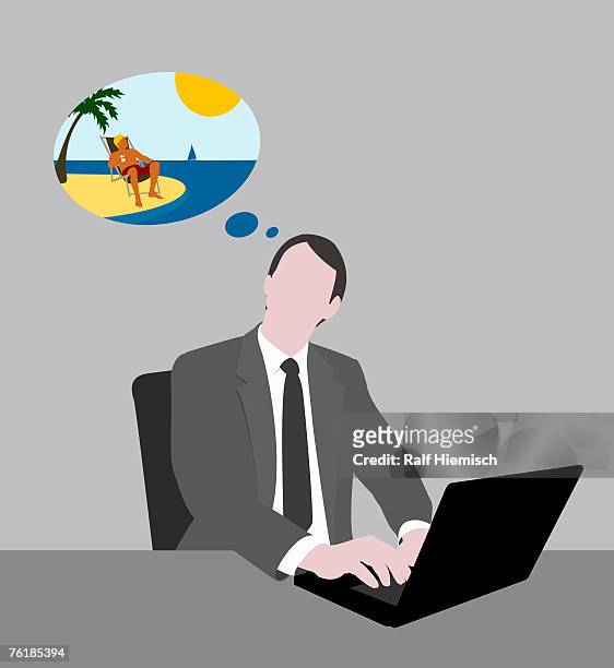 a businessman working at a desk and dreaming of being at the beach - traumstrand stock-grafiken, -clipart, -cartoons und -symbole