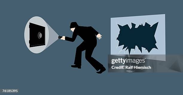 ilustrações, clipart, desenhos animados e ícones de a burglar holding a flashlight and walking towards a combination safe - roubando crime