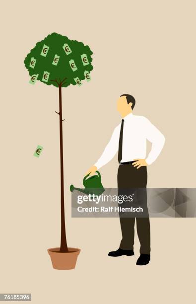 a businessman watering a money tree - wasser sparen stock-grafiken, -clipart, -cartoons und -symbole