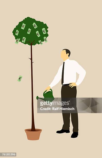 a businessman watering a money tree - prosperity stock illustrations