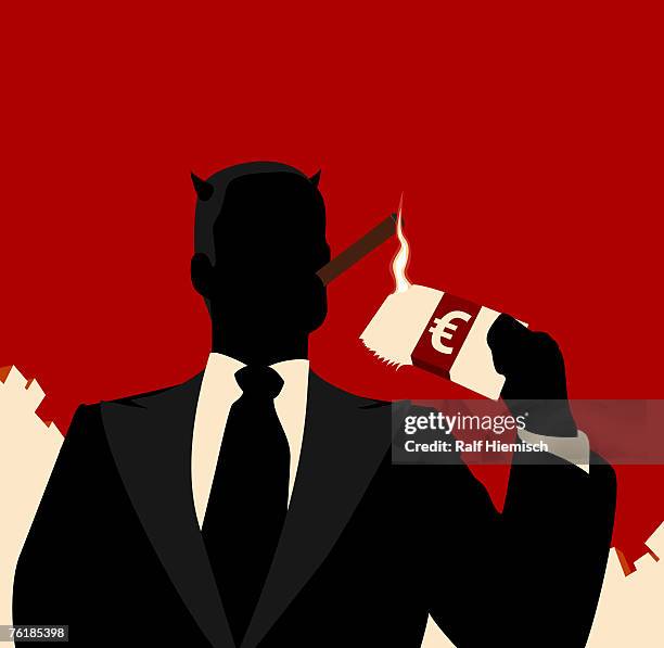stockillustraties, clipart, cartoons en iconen met a horned businessman igniting a cigar with bank notes - welvaart