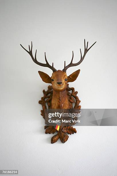 a plastic deer head on a wall - jagdtrophäe stock-fotos und bilder