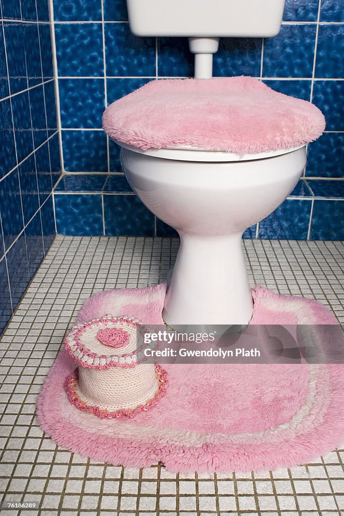 A toilet with fluffy pink seat cover and rug