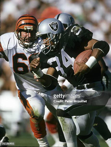 Los Angeles Raiders running back Bo Jackson carries the football and looks for room to run during the Raiders 20-10 victory over the Cincinnati...
