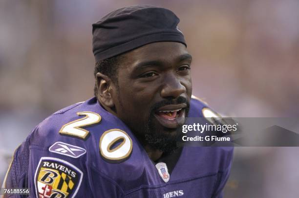 Ed Reed of the Baltimore Ravens sits on the bench during the game against the Philadelphia Eagles on August 13, 2007 at M&T Bank Stadium in...