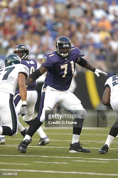 Jared Gaither of the Baltimore Ravens blocks against the Philadelphia Eagles on August 13, 2007 at M&T Bank Stadium in Baltimore, Maryland.