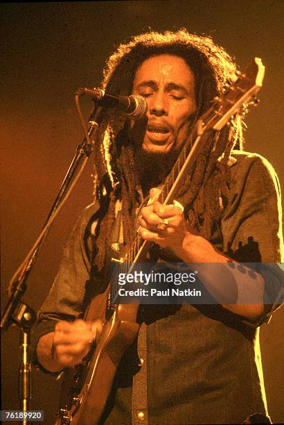 Jamaican musician Bob Marley performing in Chicago, Il, 27th May 1978.