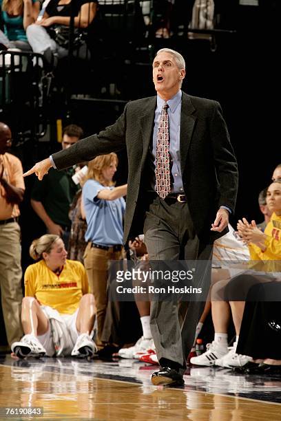 Head coach Brian Winters of the Indiana Fever calls a play during the WNBA game against the Connecticut Sun on August 15, 2007 at Conseco Fieldhouse...