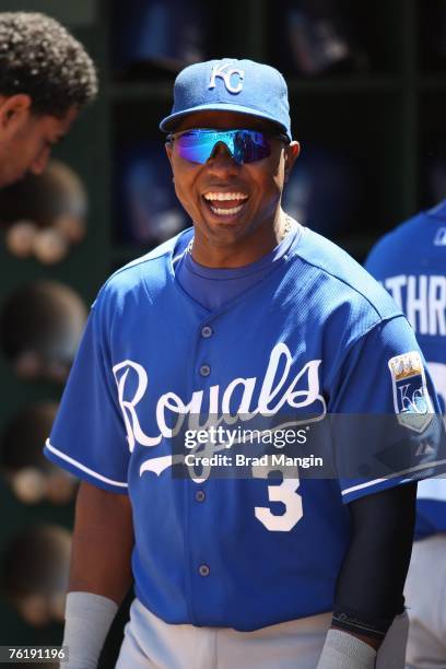 Esteban German of the Kansas City Royals prepares in the dugout before the game against the Oakland Athletics at McAfee Coliseum in Oakland,...