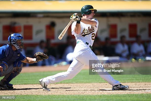 Jack Hannahan of the Oakland Athletics bats during the game against the Kansas City Royals at McAfee Coliseum in Oakland, California on August 19,...