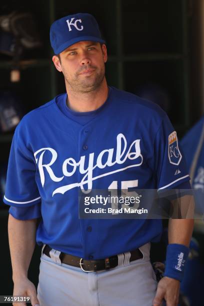 Mark Grudzielanek of the Kansas City Royals prepares in the dugout before the game against the Oakland Athletics at McAfee Coliseum in Oakland,...