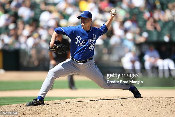 John Bale of the Kansas City Royals pitches during the game against the Oakland Athletics at McAfee Coliseum in Oakland, California on August 19,...