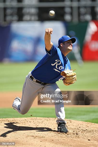 Kyle Davies of the Kansas City Royals pitches during the game against the Oakland Athletics at McAfee Coliseum in Oakland, California on August 19,...