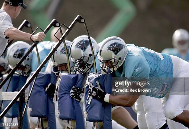 Carolina's offensive line in action during training camp at Wofford College, in Spartanburg, South Carolina on July 31, 2006.