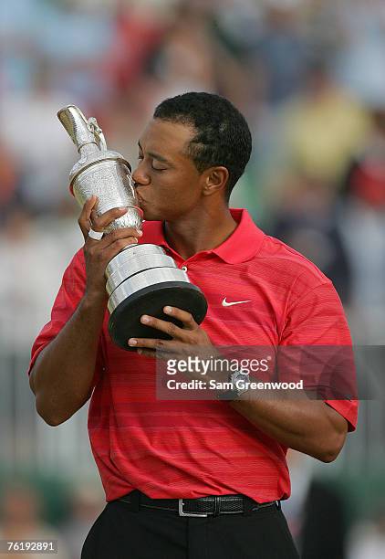 Tiger Woods kisses the Claret Jug after winning the 135th Open Championship at Royal Liverpool Golf Club in Hoylake, Great Britain on July 23, 2006.