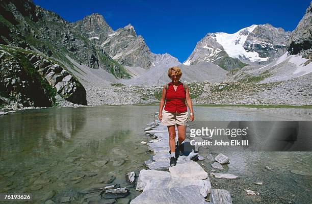 vanoise pass lac des assiettes, hiker, vanoise national park, rhone-alpes, france, europe - parque nacional vanoise fotografías e imágenes de stock