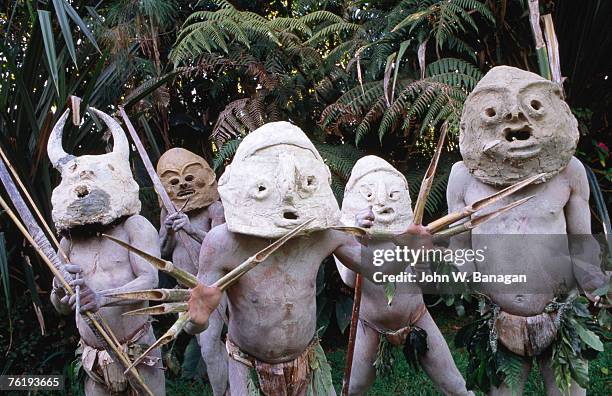 mud men at pogo cultural centre, mt hagen, western highlands, papua new guinea, pacific - mt hagen stock-fotos und bilder