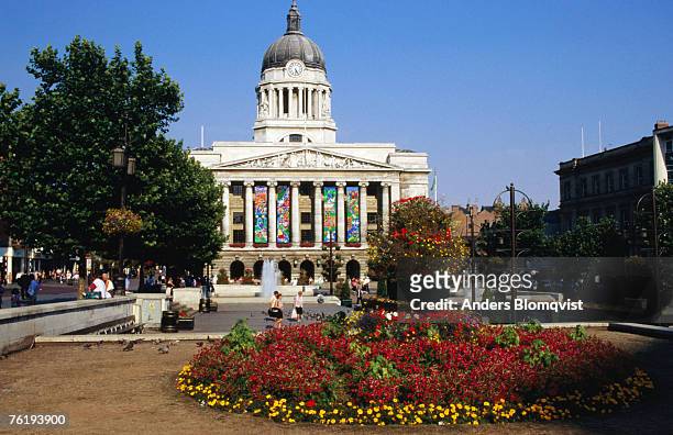 colourful flowers in front of city hall, nottingham, england, united kingdom, europe - nottingham stock pictures, royalty-free photos & images