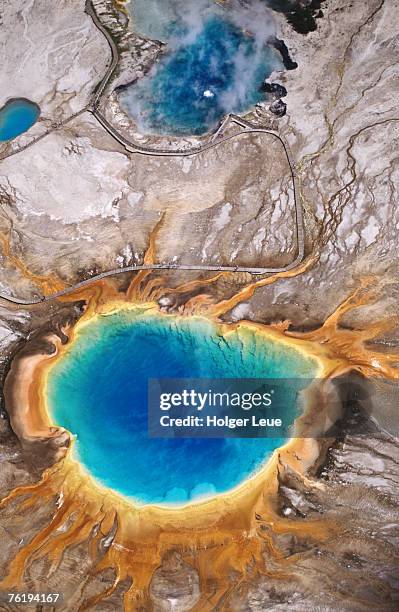 aerial view of grand prismatic spring, yellowstone national park, wyoming, united states of america, north america - geyser ストックフォトと画像