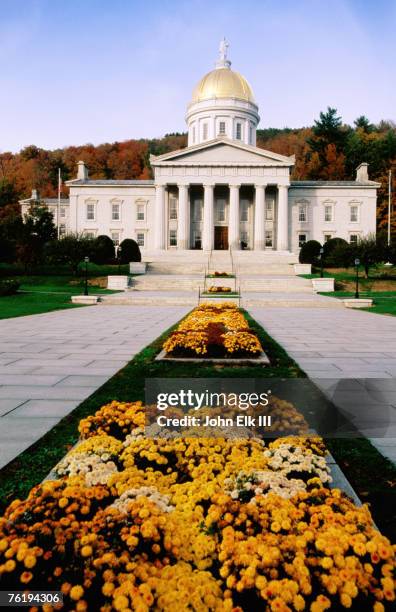 flower beds in front of vermont state capitol, montpelier, vermont, united states of america, north america - montpelier vermont stock pictures, royalty-free photos & images