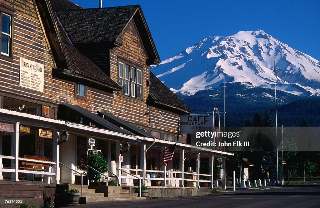 McCloud Mercantile Hall with Mt Shasta in background, Mt Shasta, California, United States of America, North America