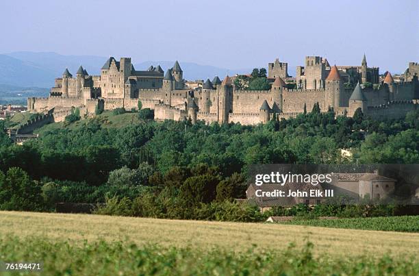 la cite, 12th century castle in distance, carcassonne, languedoc-roussillon, france, europe - carcassonne imagens e fotografias de stock